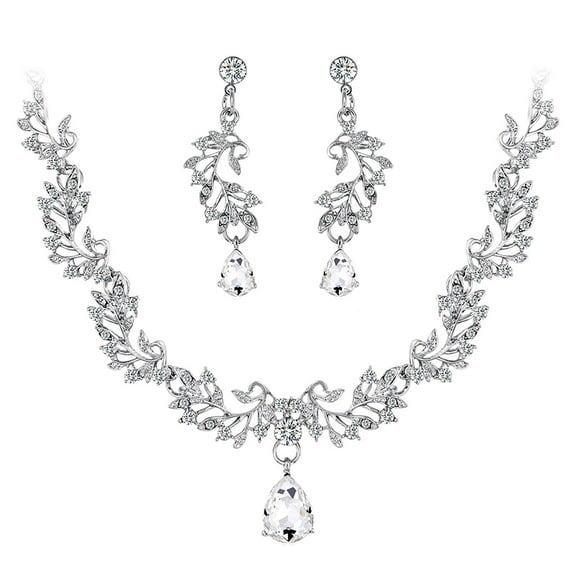 Guodhu Women's Dainty Wedding Bridal Necklace Elegant Austrian Crystal Teardrop Cluster Statement Necklace Dangle Earrings Jewelry Set