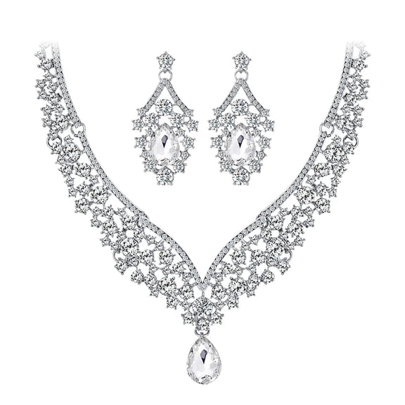 Guodhu Women's Dainty Wedding Jewelry for Bride Austrian Crystal Elegant V-Shaped Teardrop Bridal Prom Statement Necklace Earrings Set for Women