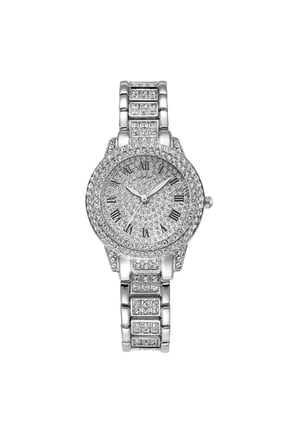 Womens Iced Out Cubic Zirconia Watch with Roman Numerals Luxury Full Rhinestone Bracelet Ladies Quartz Analog Wrist Watches for Women