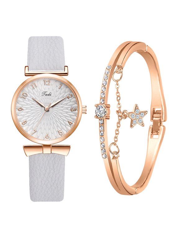 Womens Ladies Casual Watch, Round Shaped Dial Leather Strap Crystal Bracelets Set Analog Quartz Dress Stainless Steel Wrist Watch, Anniversary Birthday Gifts for Her