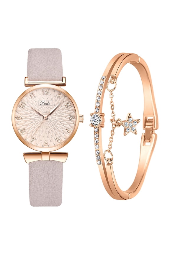 Womens Ladies Casual Watch, Round Shaped Dial Leather Strap Crystal Bracelets Set Analog Quartz Dress Stainless Steel Wrist Watch, Anniversary Birthday Gifts for Her