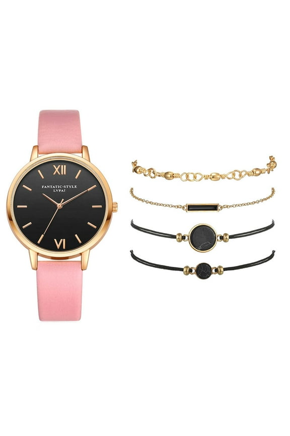 Womens Leather Band Roman Numerals Analog Watch and Simple Stackable Bracelets Set Jewelry Gifts for Women