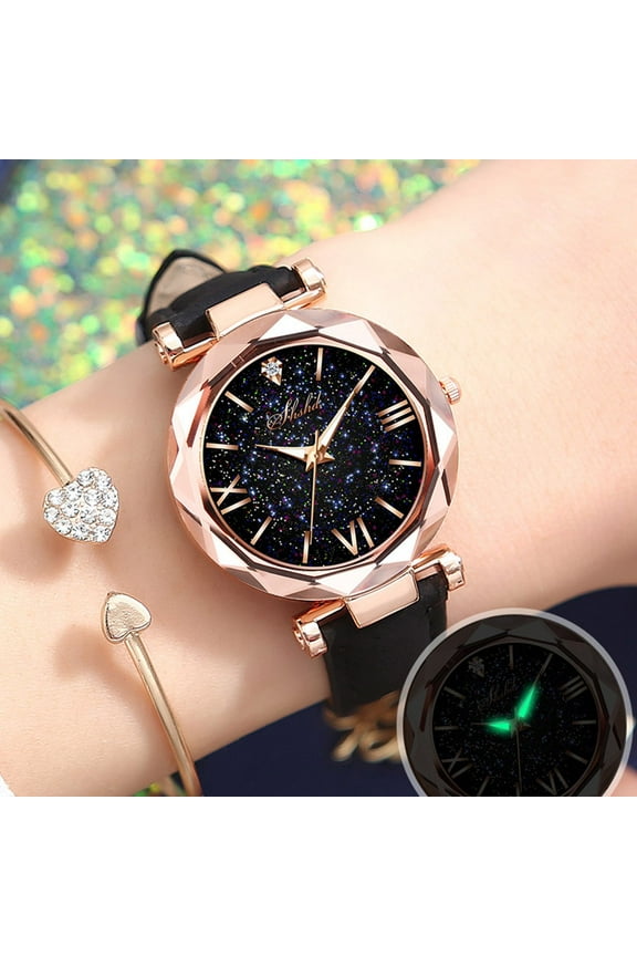 Womens Luxury Quartz Starry Sky Dial Ladies Wrist Watches Leather Band Luminous Watch