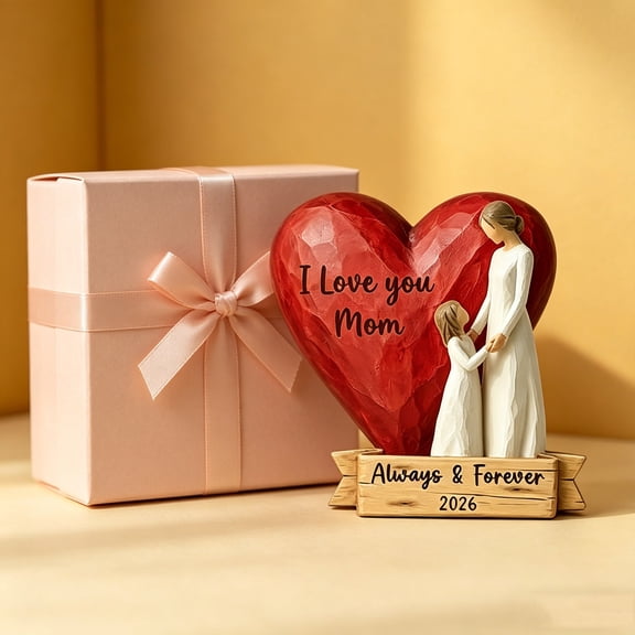Guodhu Wooden Mother's Day Ornament, Heart Shape with Embracing Design, Engraved Grateful Message for Mom, 5.9 Inch Wall Hanging Decor for Home(Red)