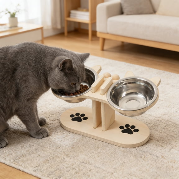 Guodhu Wooden Pet Bowl Stand Adjustable Tilted Raised Food Feeder Double Bowl Cat Dog Feeding Station Anti Vomiting Non Slip Solid Wood Home Decor(Beige)