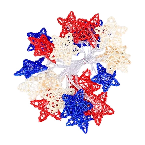 Guodhu Woven Rattan Star LED String Lights, Battery Operated Holiday Decoration for Independence Day Easter, Soft Glow Flexible Hanging Setup for Indoor Outdoor(Blue)