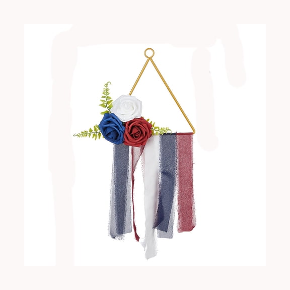 Guodhu Wrought Iron Triangle Wall Hanging Sconce Artificial Flower Decor Patriotic Ribbon Swag Rustic Independence Day Front Door Ornament(Multicolor)