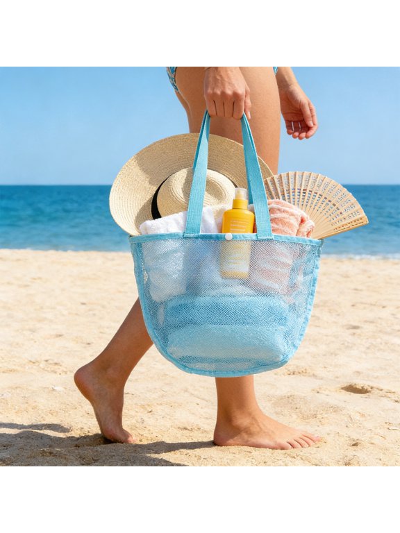 cute beach bag,Seashell Storage Net Bag, Large Mesh Beach Tote for Beach and Seaside Travel, Handheld Storage Pouch,mesh beach bag(Blue)