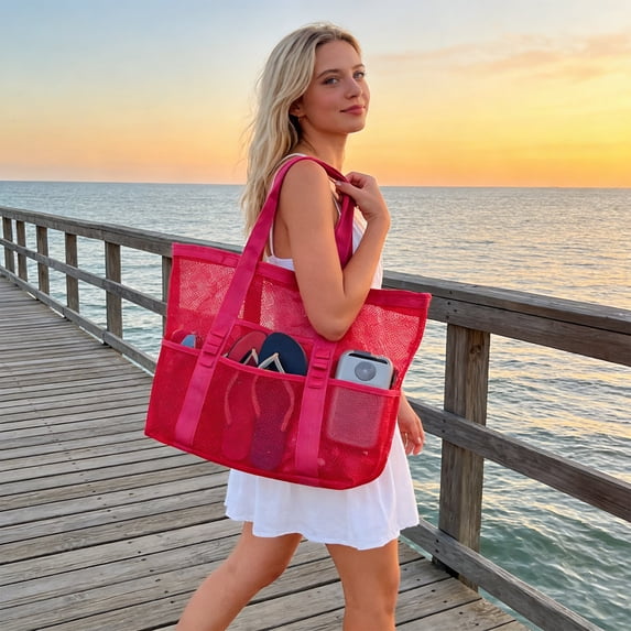 Guodhu extra large beach bag,Mesh Beach Tote with Handles, Large Capacity Storage Bag for Toy, Bathroom Toiletries and Swimming,mesh beach bag(Hot Pink)