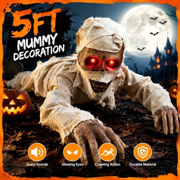 Guodhu halloween the mummy prop,Halloween Crawling Mummy Prop with Voice Control Red Glowing Eyes and Scary Sounds for Haunted House Outdoor Yard Party Decoration,the mummy collection(White)