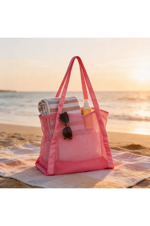 mesh beach bag，Portable Mesh Drawstring Beach Bag, Large Capacity Nylon Storage Tote for Wet Clothes Towels Snorkeling Gear，summer beach bag(Pink)