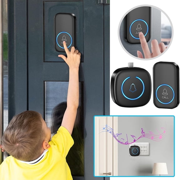 Guodhu wireless doorbell，Type-C Wireless Doorbell Mini with 60 Ringtones – 5-Volume Adjustable LED Flashing Door Chime for Home Office Apartment，Doorbell(B)