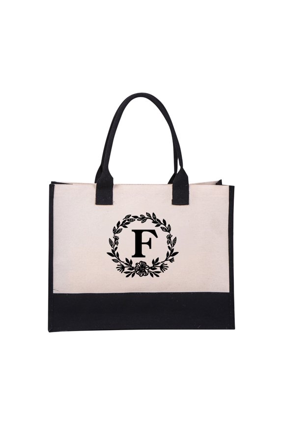 womens beach bag,Cotton Canvas Letter Beach Bag, Fashion European Canvas Handbag for Women, Reusable Shopping Tote with Classic Print,travel beach bag(F)