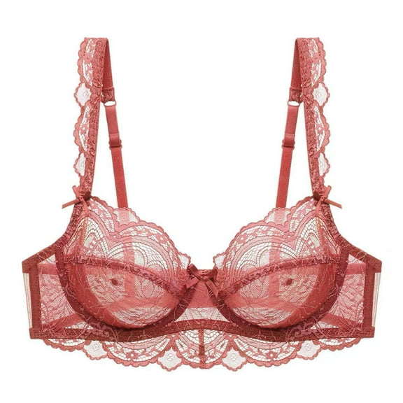 Guoeappa Women's Lace Bra Beauty Sheer Sexy Bra Non Padded Underwired Unlined Bra(Light Red,38B)
