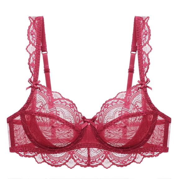 Guoeappa Women's Lace Bra Beauty Sheer Sexy Bra Non Padded Underwired Unlined Bra(Red,32C)
