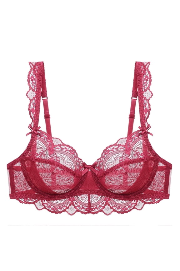 Women's Lace Bra Beauty Sheer Sexy Bra Non Padded Underwired Unlined Bra(Red,34E)
