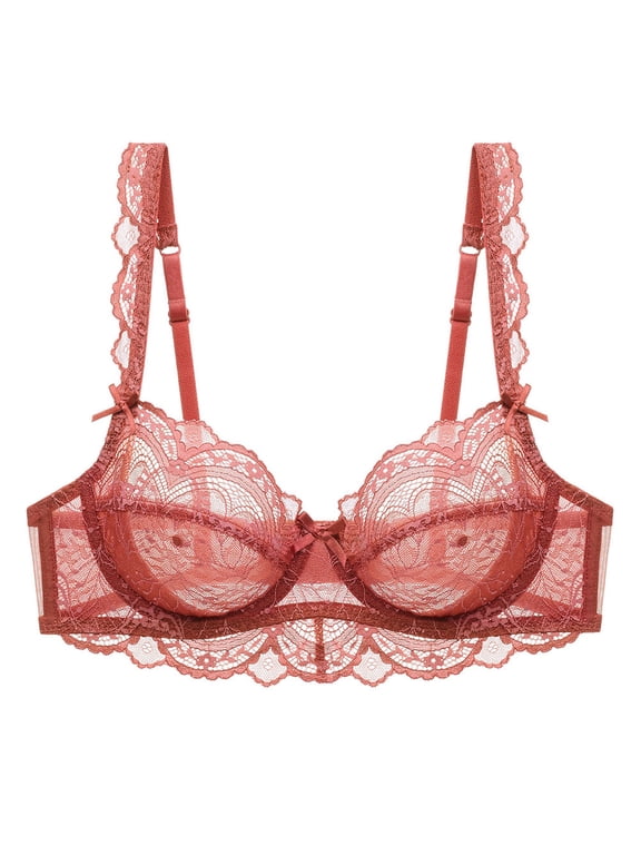 Women's Lace Bra Beauty Sheer Sexy Bra Non Padded Underwired Unlined Bra(Light Red,40C)