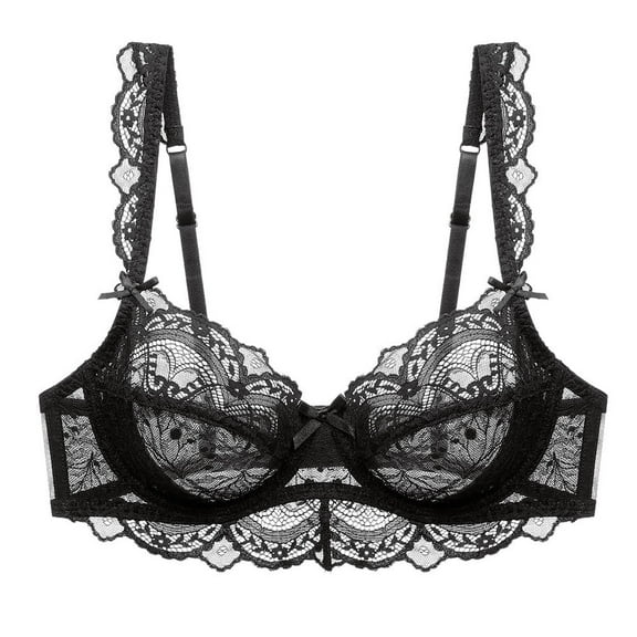Guoeappa Women's Lace Bra Beauty Sheer Sexy Bra Non Padded Underwired Unlined Bra(Black,32D)