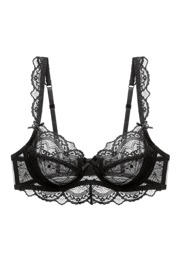 Women's Lace Bra Beauty Sheer Sexy Bra Non Padded Underwired Unlined Bra(Black,38D)