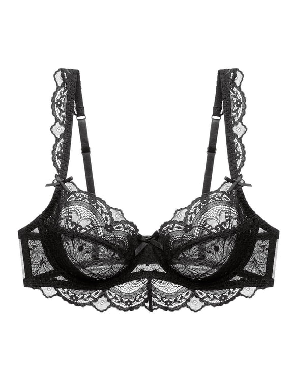 Women's Lace Bra Beauty Sheer Sexy Bra Non Padded Underwired Unlined Bra(Black,32D)