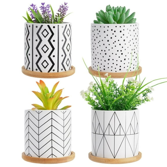 4Pcs Succulent Pots, Ceramic Succulent Pots, Succulent Pots with Bamboo Saucers, Small Plant Holders with Geometric Patterns for Living Room, Bedroom, Kitchen, Office