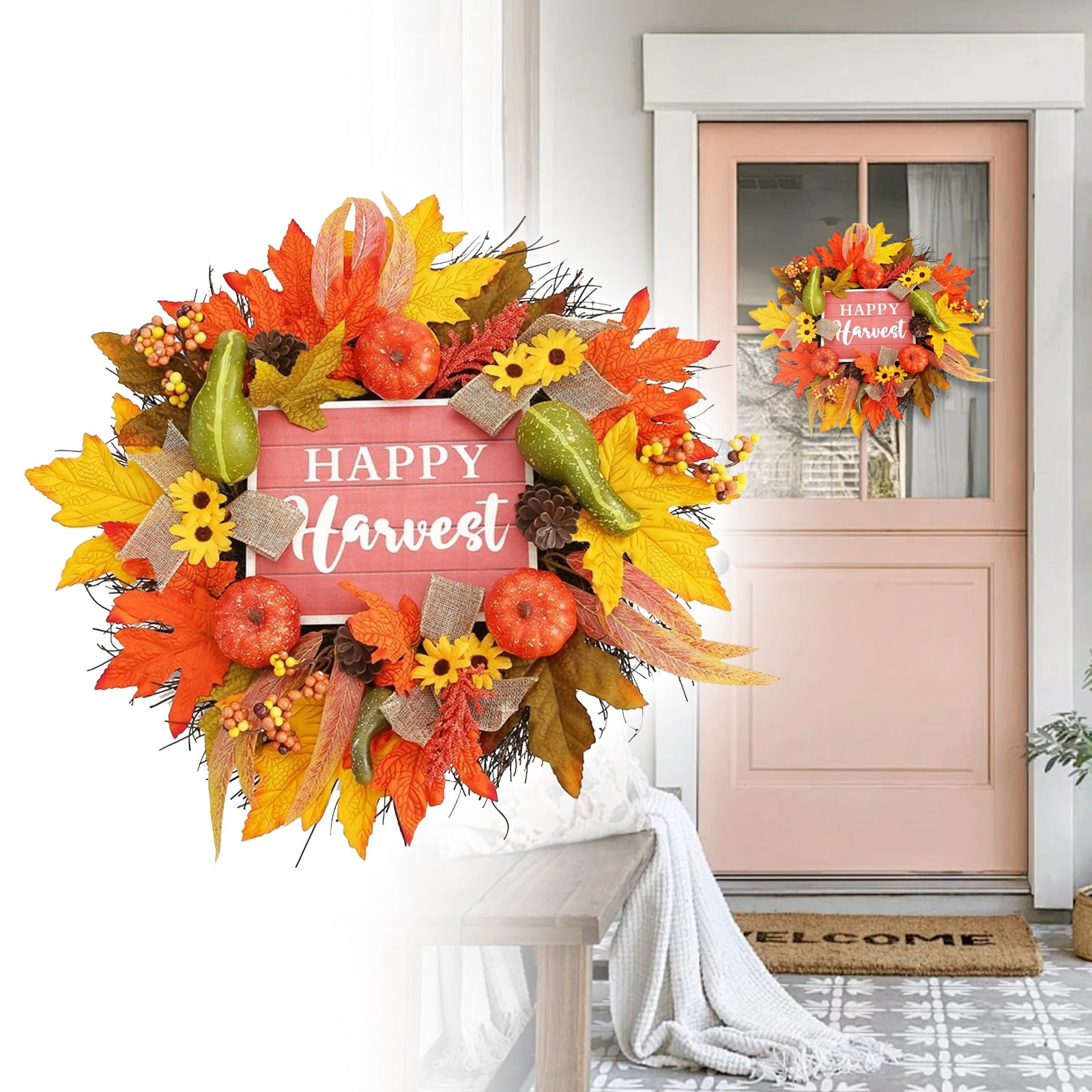 Guopo Fall Wreath For Front Door Fall Decor Autumn Maple Leaves Pumpkin ...