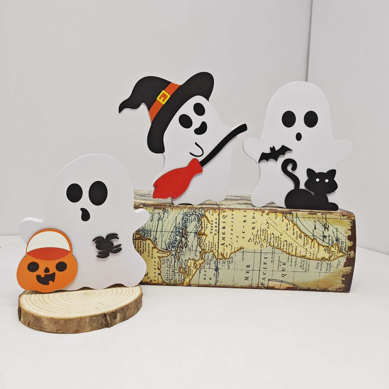 Adorable Halloween Ghost & Witch Wooden Decor Set - Rustic Tiered Tray Signs For Shelf, Table, Or Mantel