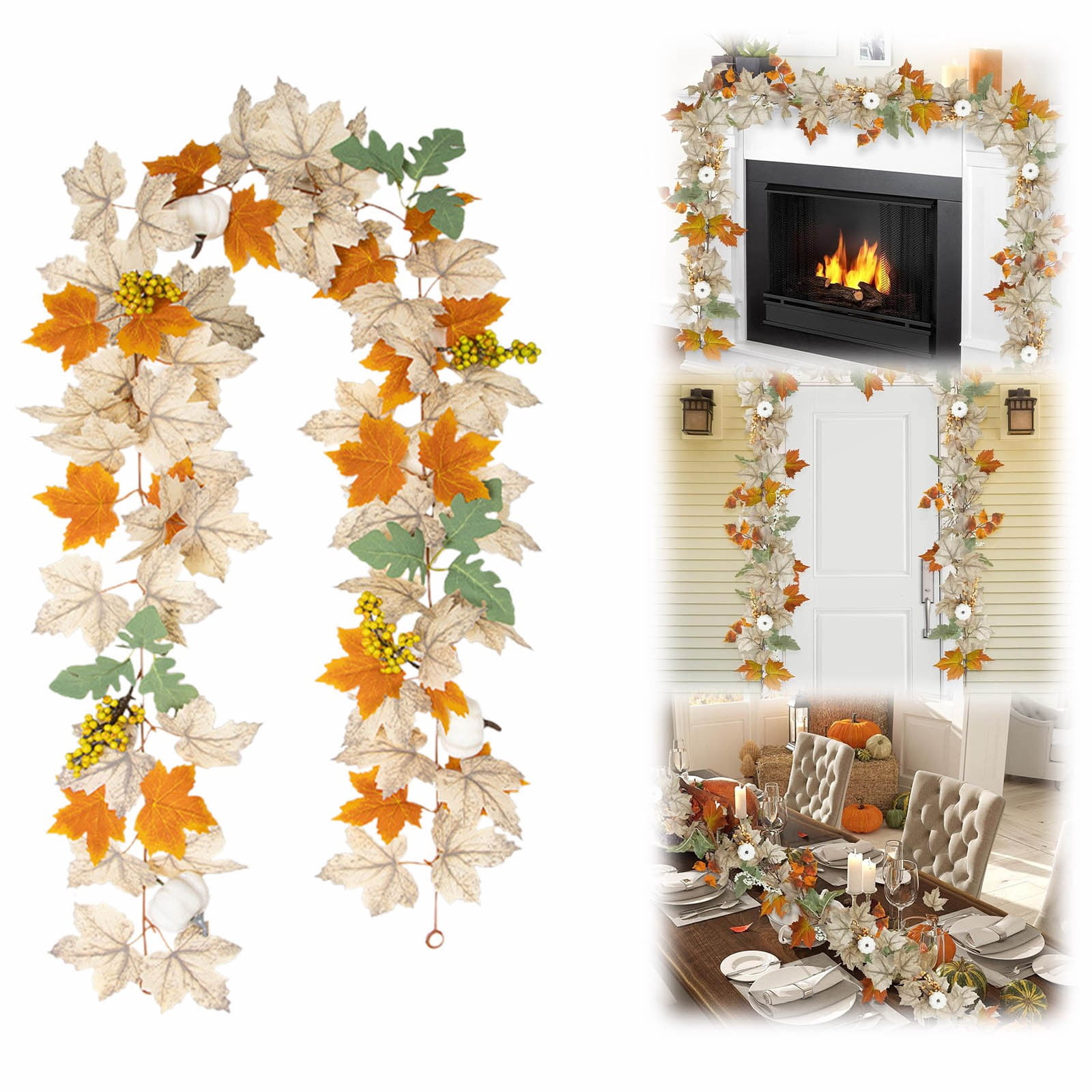 Guopo Leaves Mantle Garland With Pumpkins Berries Pinecones Lifelike ...