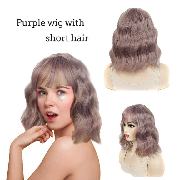 Guoxxzi 1PC Purple Color Daily Short Wavy Wig Short Hair Thin Bangs