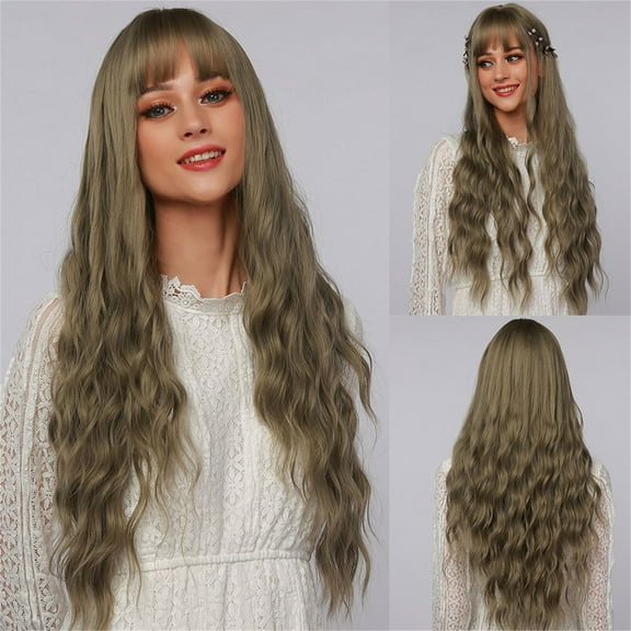 Guoxxzi 65cm High Temperature Silk Wig Gray Green With Bangs Curly Hair With Rose Net
