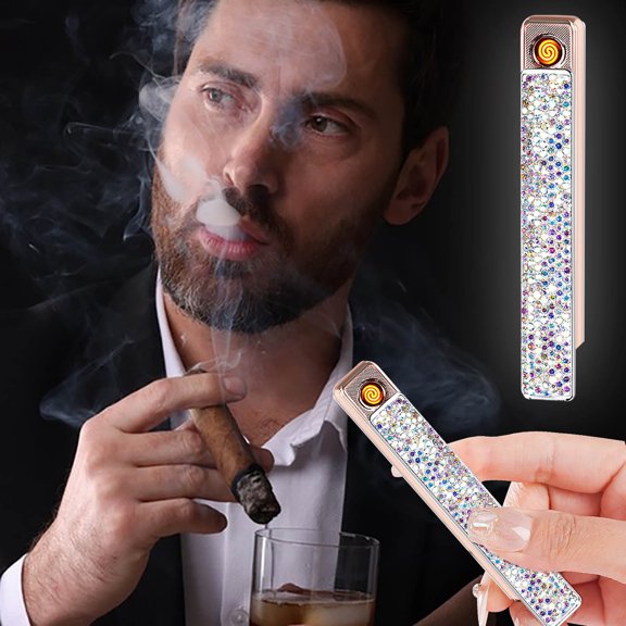 Guoxxzi Electric Lighter, Windproof Flameless Bling Lighters, Windproof Flameless Plasma Lighter, Pull-Out Ignition, Rhinestone Decorative Design, for Women & Men (Silver)