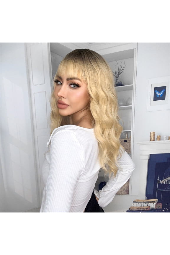 Golden Head Dyed With Black Long Curly Hair Straight Bangs Whole Wig Headband