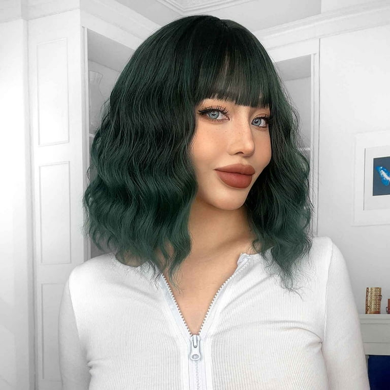 Guoxxzi Navy Blue Wig with Bangs Women Girls Short Curly Wavy Bob