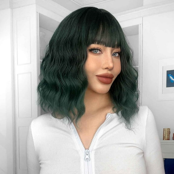 Guoxxzi Navy Blue Wig with Bangs Women Girls Short Curly Wavy Bob Wig Shoulder Synthetic Party Wigs Wig Cap Included Wigs With Bangs (Navy Blue, 14 Inches)