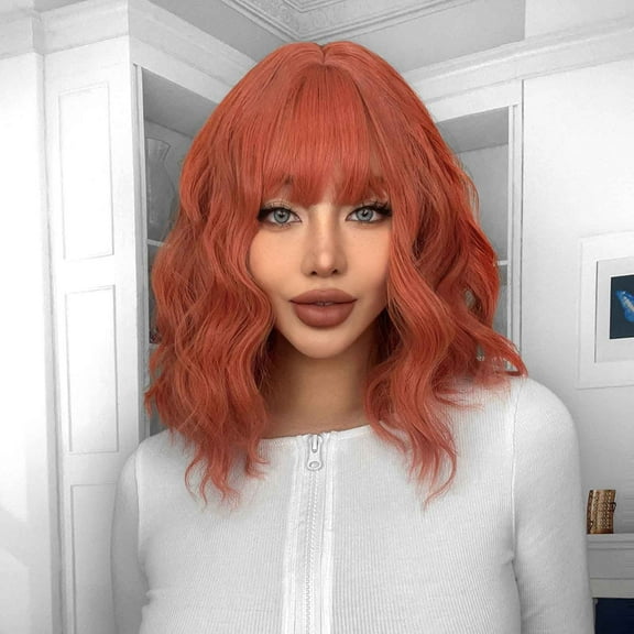 Guoxxzi Orange Wig with Bangs Women Girls Short Curly Wavy Bob Wig Shoulder Synthetic Party Wigs Wig Cap Included Wigs With Bangs (Orange, 14 Inches)