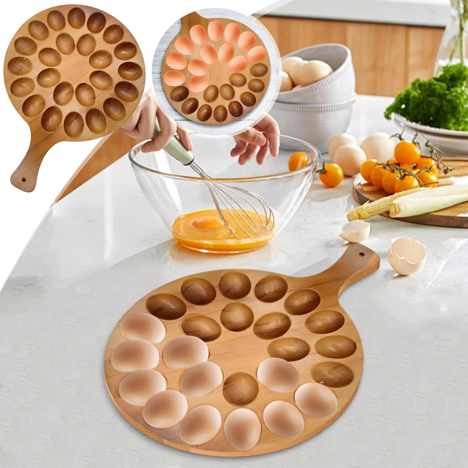 Guoxxzi Reversible Deviled Egg Platter & Charcuterie Board 24 Holes, Arabic Wood Thicken Egg Tray Countertop Chicken Egg Container, Cutting Board, Cheese Board, Serving Platter & Deviled Egg Carrier