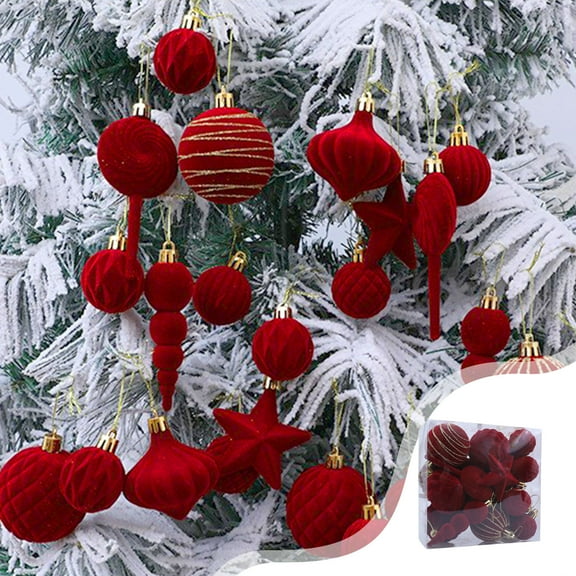 Guozer 24Pcs Flocked Christmas Baubles for Christmas Tree Decor Plastic Velvet Ornaments with Various Shapes