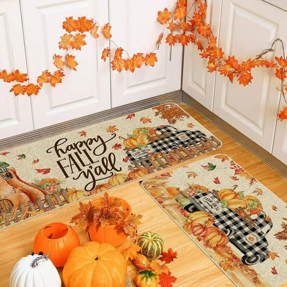 Guozer Fall Kitchen Mats Decorative Kitchen Rug and Mats Set of 2 Pumpkin Maple Leaf Floor Mat for Thanksgiving Decor