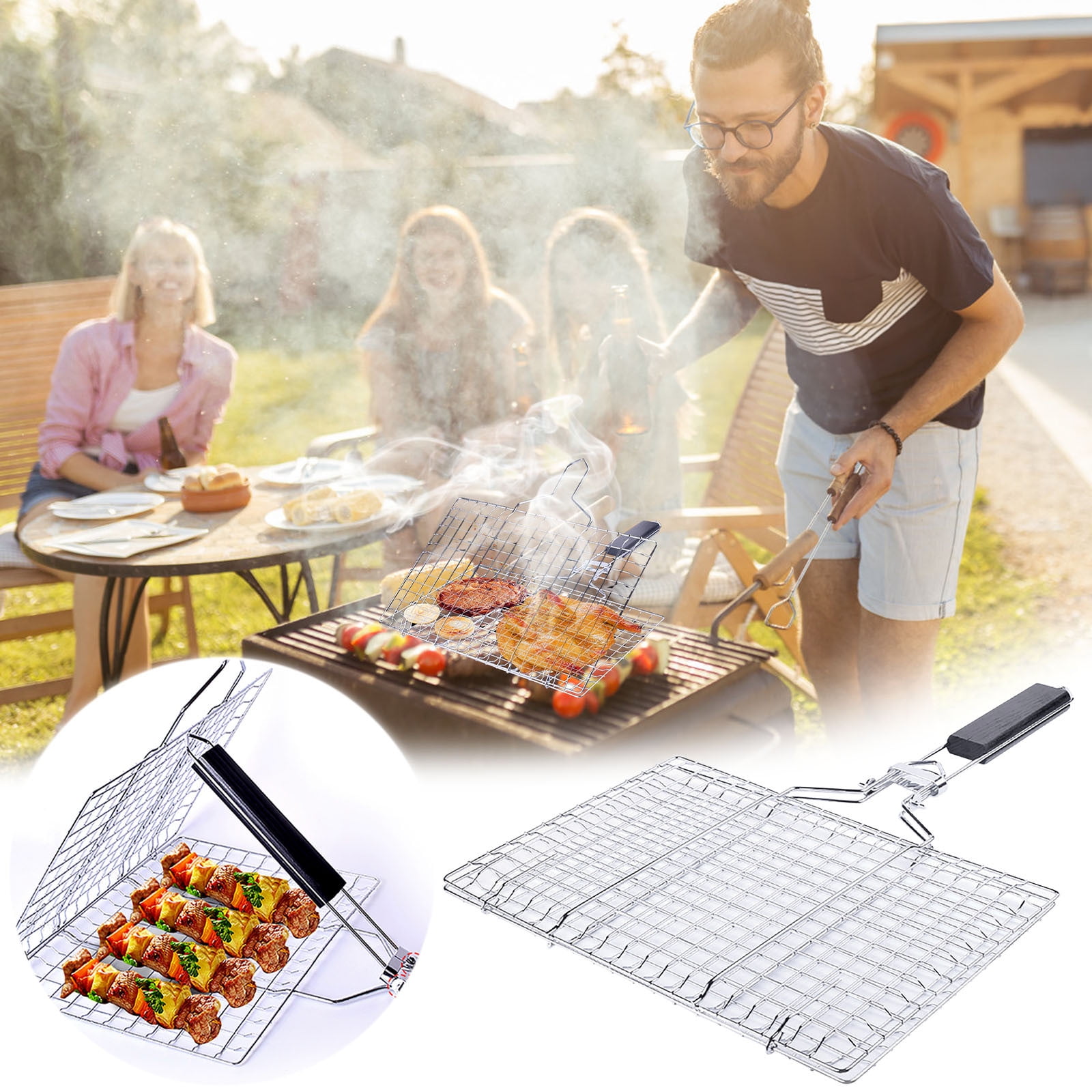 fish grill accessories BBQ Basket Stainless Steel Grill Fits All Grills and Somkers, BBQ Accessories Excellent Quality Fish Grilling Basket, Folding Portable