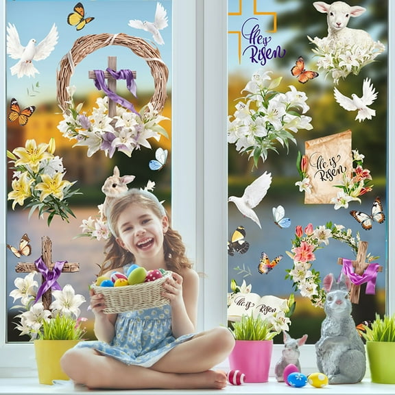 Guozer He is Risen Window Clings Easter Decals Religious Window Clings for Glass Windows, Nursery, Boys and Girls Room Decor, Spring Window Easter Flower Wall Decals Peel and Stick