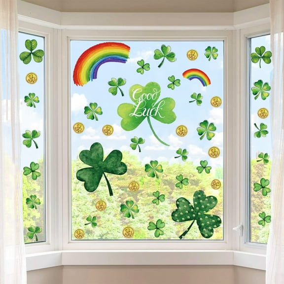 Guozer Window Clings for St. Patrick's Day Decor, Spring Clovers Stickers for St. Patrick's Day Decorations, Green Wall Stickers for Living Room Decor