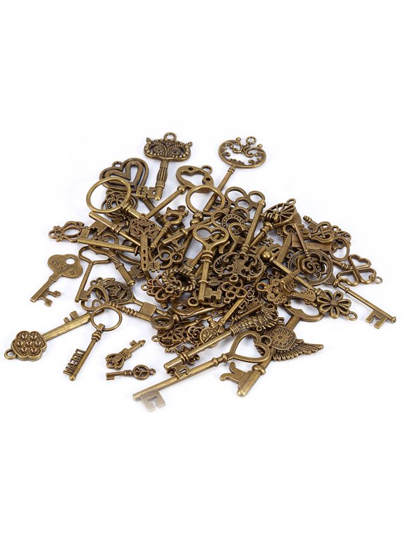69pcs Assorted Antique Vintage Bronze Skeleton Keys Fancy Heart Bow Jewelry, Keys Set