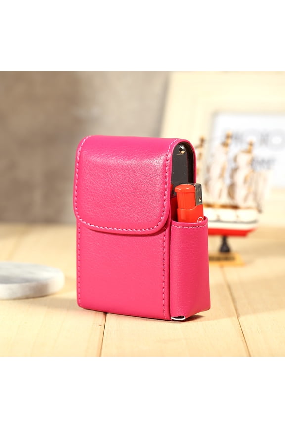 PU Leather Cigarette Box, Anti-Scratch Cigarette Storage Case With Pouch Lighter Holder For Men Women Daily Use (Rose Red)