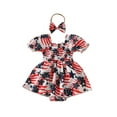 thumbnail image 1 of Gupgi 0-18 Months Baby Girl 4th of July Outfit, Star Print Puff Sleeve Shirred Romper Dress Bow Headband Summer Set, 1 of 9