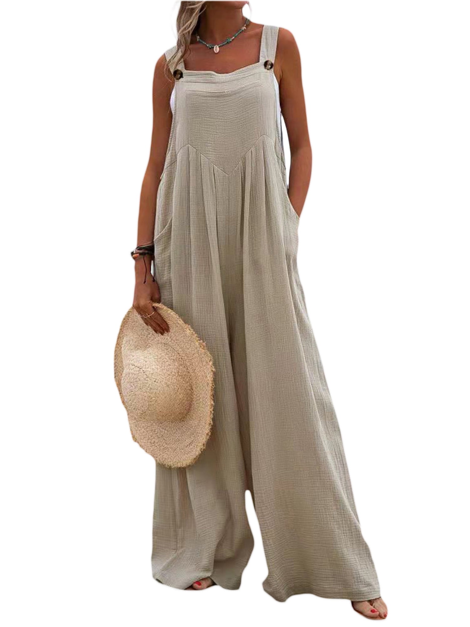 Ethnic Button Suspender Wide Leg Line Jumpsuit