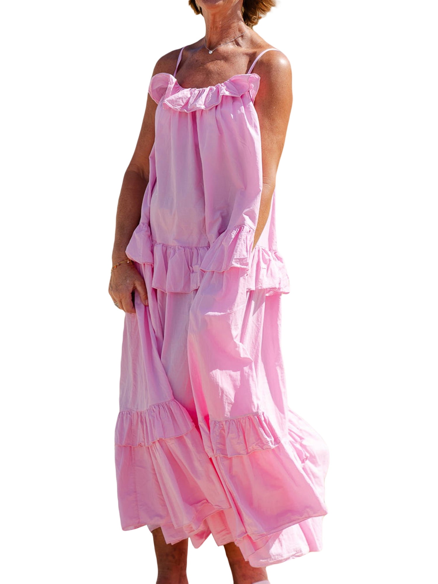 Ruffle U Neck Mesh Solid Cami Maxi Dress main image 1