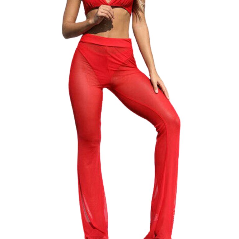 Gupgi Women Pants Ruffle Cover Up Flared See Through High Waist