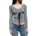 thumbnail image 1 of Gupgi Women Slim Knit Tops Long Sleeve V-Neck Front Drawstring Lightweight Sweater, 1 of 8