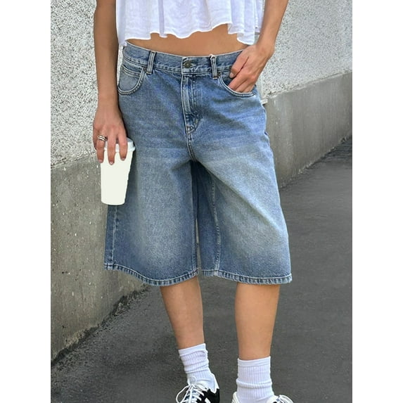 Gupgi Women’s Bermuda Denim Shorts Casual Low Waist Wide Leg Jean Shorts Going Out Trousers