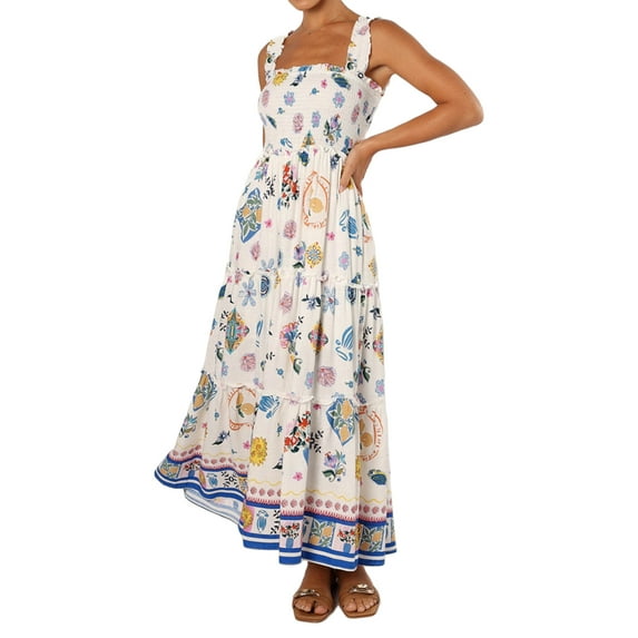 Gupgi Women's Long Cami Dresses FloralFruit Print Sleeveless Backless Flowy A-Line Dress for Beach S/M/L/XL